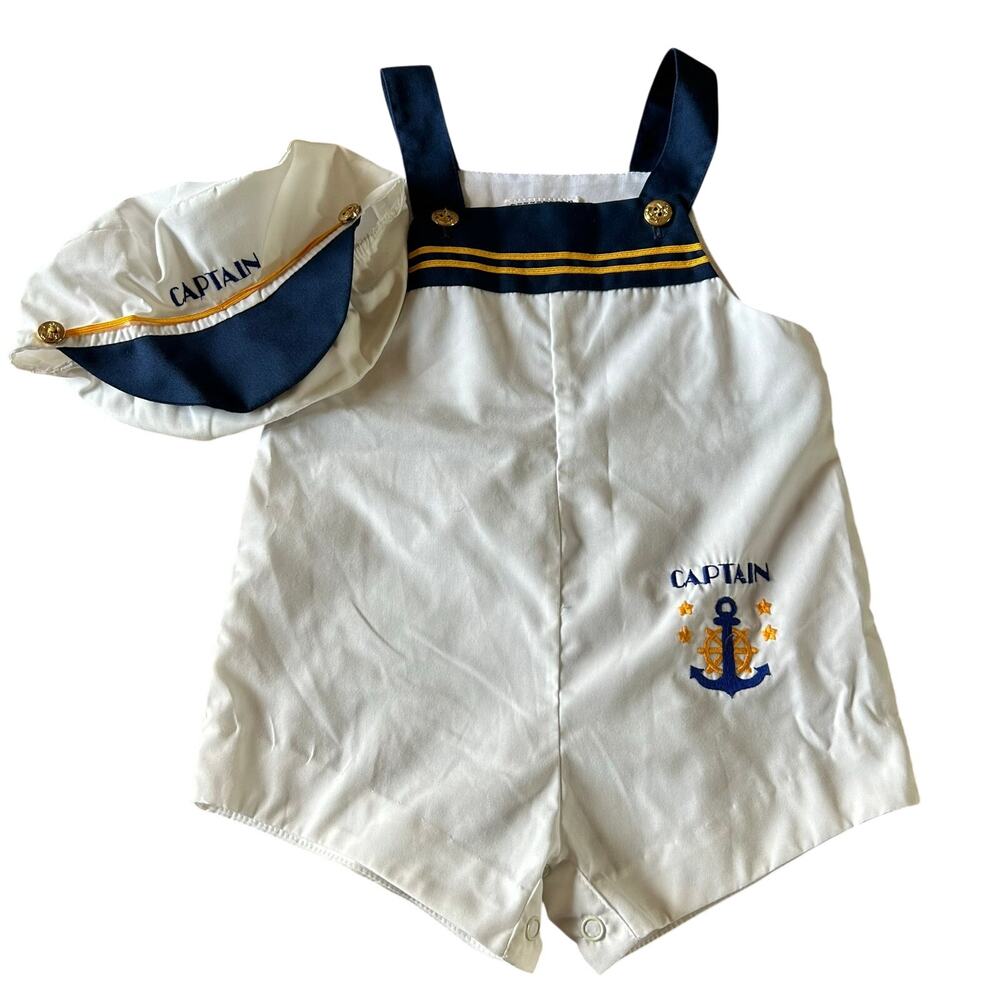Petit Jouet Boys Sz 24 Months Vintage Sailor Overalls & Hat Set Nautical Preppy
